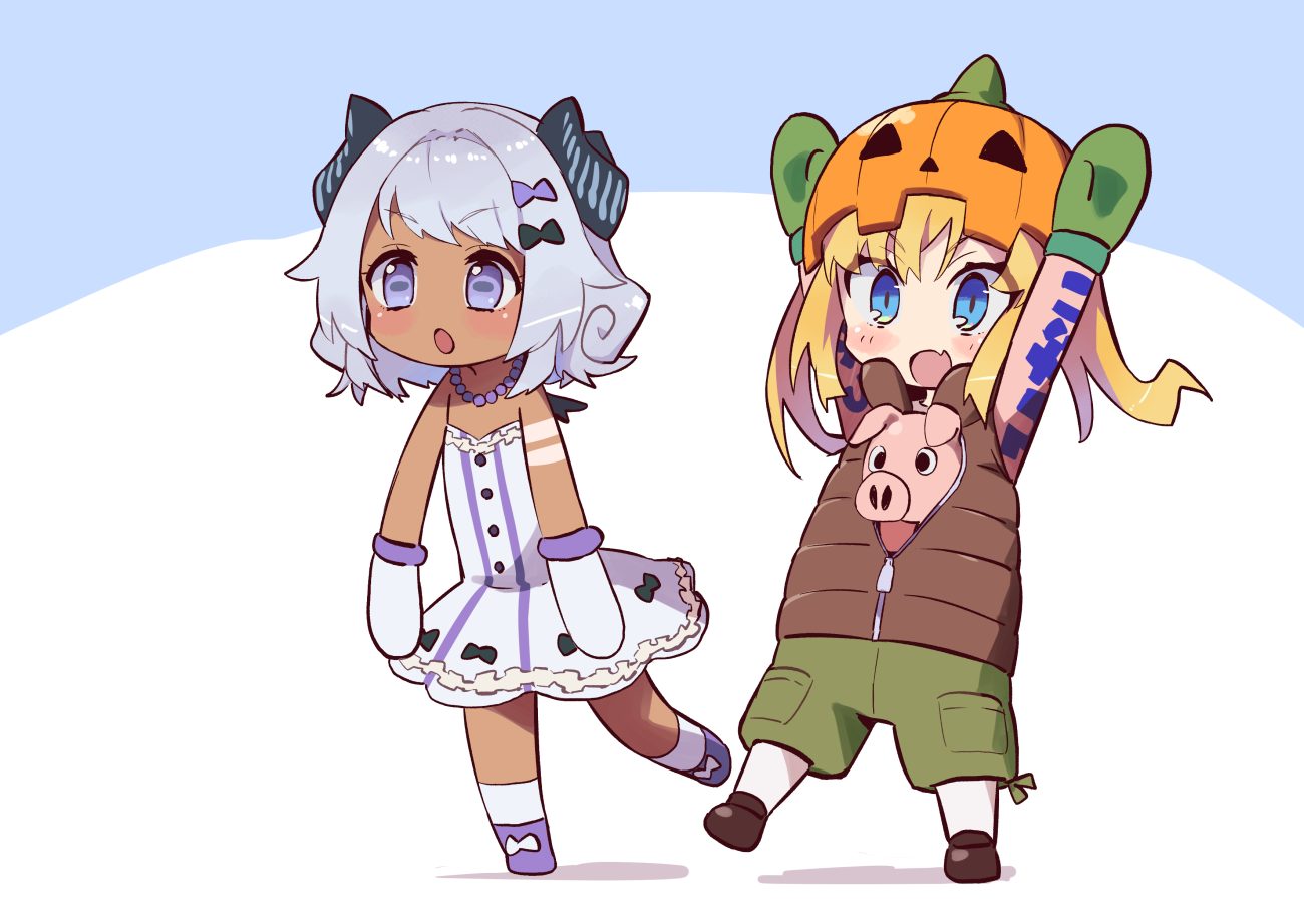 2girls amaryllis gumi animal aqua eyes blonde hair blue eyes chibi dark skin dress fang flat chest gray hair hat horns kotohara hinari loli long hair necklace short hair shorts socks tama (tama-s) wings yotsutsuji mayoi