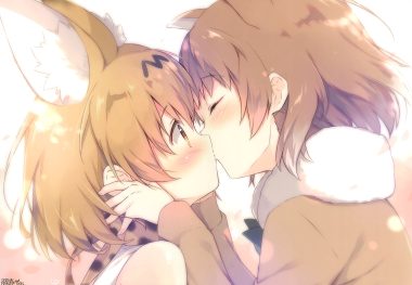 2girls animal ears anthropomorphism black-tailed prairie dog (kemono friends) blonde hair blush brown hair catgirl kemono friends kiss scan serval shiratama short hair shoujo ai yellow eyes