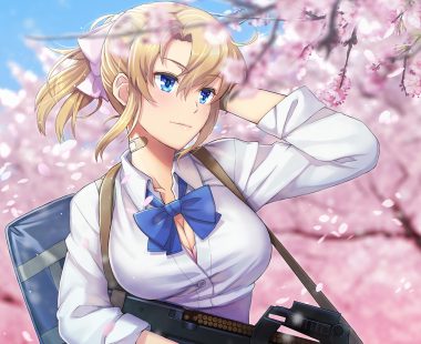 aqua eyes bandaid blonde hair bow breasts cherry blossoms cleavage close flowers gun itou (onsoku tassha) original ponytail school uniform sky weapon