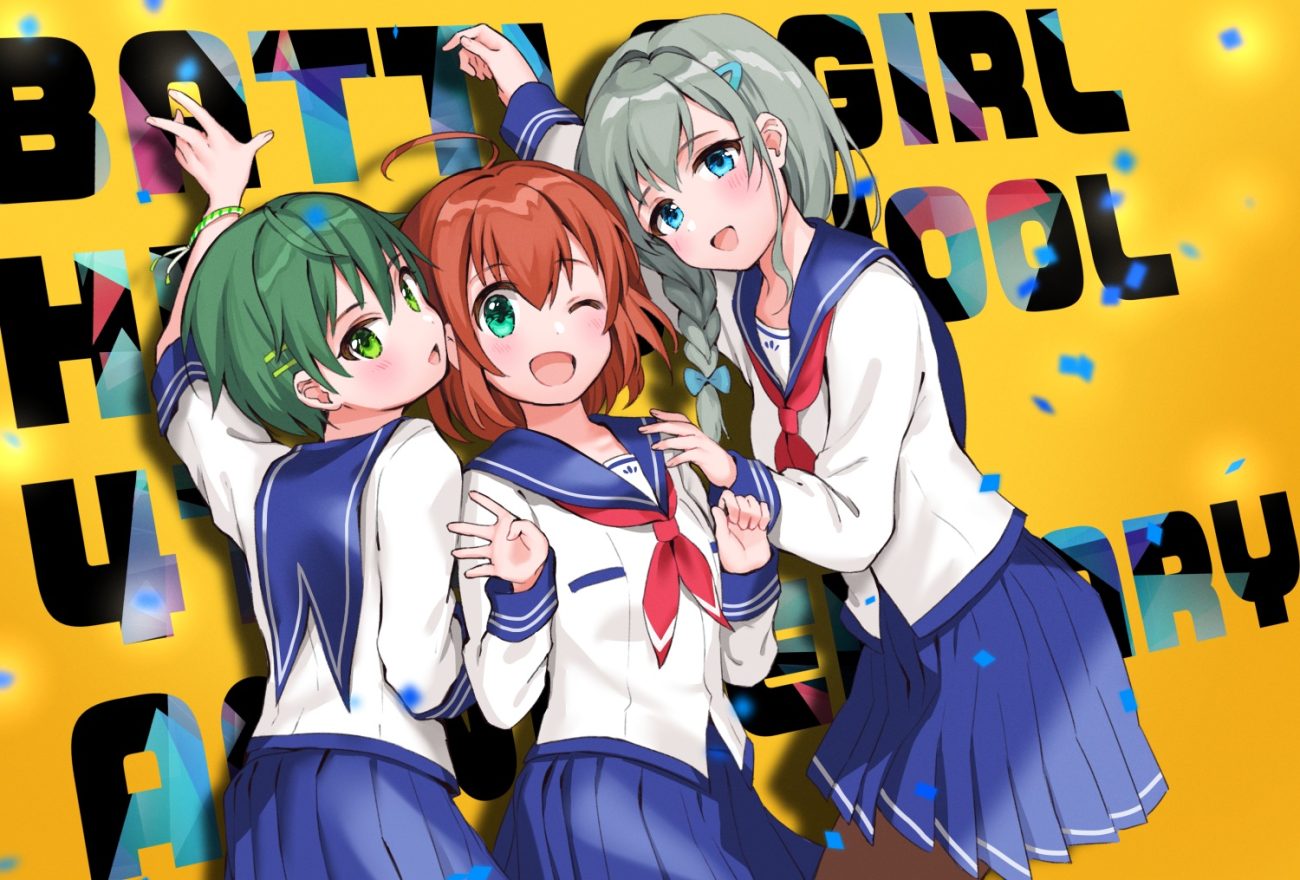 aqua eyes battle girl high school blush braids brown hair gray hair green eyes green hair hoshitsuki miki kiyosato0928 long hair narumi haruka ponytail school uniform short hair skirt wakaba subaru wink
