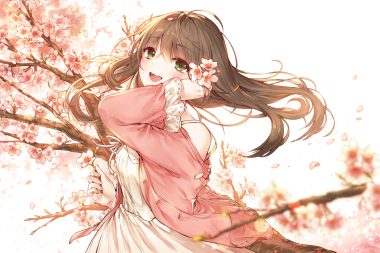 blush brown hair cherry blossoms dress flowers green eyes kh (kh 1128) long hair original petals summer dress