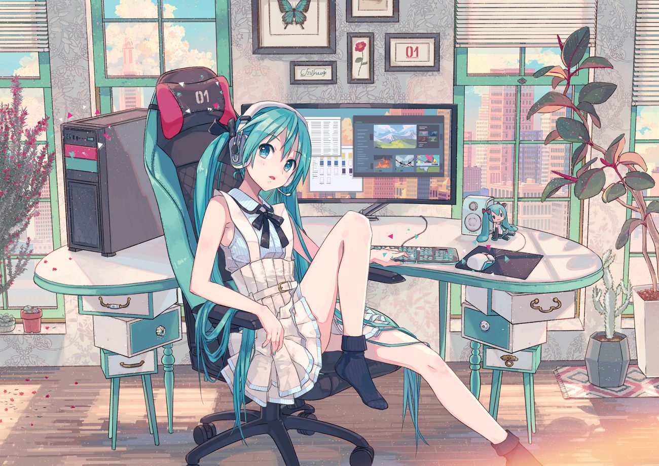 aqua eyes aqua hair butterfly computer hatsune miku headphones ikushima long hair microphone skirt socks twintails vocaloid