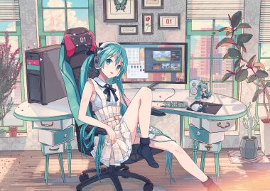 aqua eyes aqua hair butterfly computer hatsune miku headphones ikushima long hair microphone skirt socks twintails vocaloid