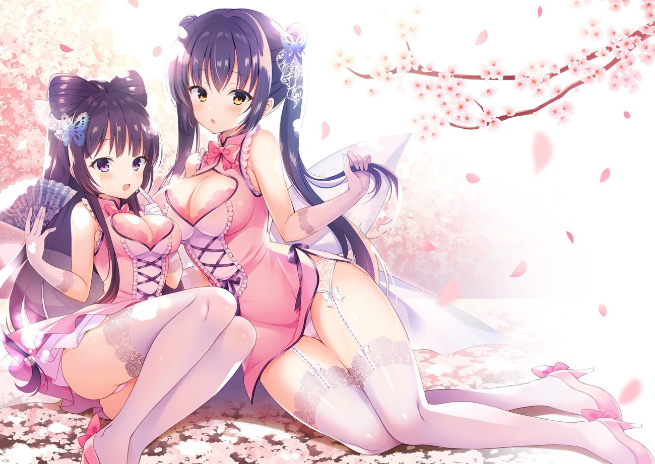 2girls black hair blush bow breasts cameltoe cherry blossoms chinese clothes chinese dress cleavage dress elbow gloves fan flowers garter belt gloves lolita fashion long hair nanohana kohina original panties petals purple eyes stockings thighhighs twintails underwear yellow eyes