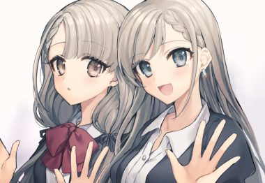 2girls blush bow braids brown eyes close gambe gray eyes gray hair hisakawa hayate hisakawa nagi idolmaster idolmaster cinderella girls school uniform twins