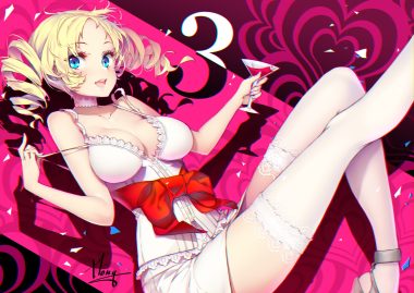 aqua eyes blonde hair blush bow breasts catherine catherine (character) cleavage drink hong (white spider) long hair signed thighhighs twintails