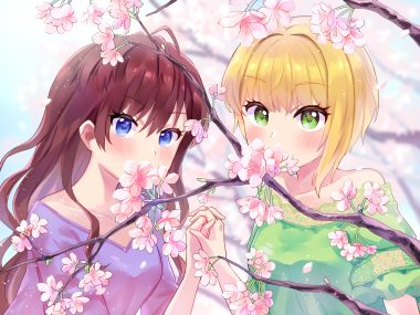 2girls amy30535 blonde hair blue eyes blush brown hair cherry blossoms close flowers green eyes ichinose shiki idolmaster idolmaster cinderella girls long hair miyamoto frederica petals short hair