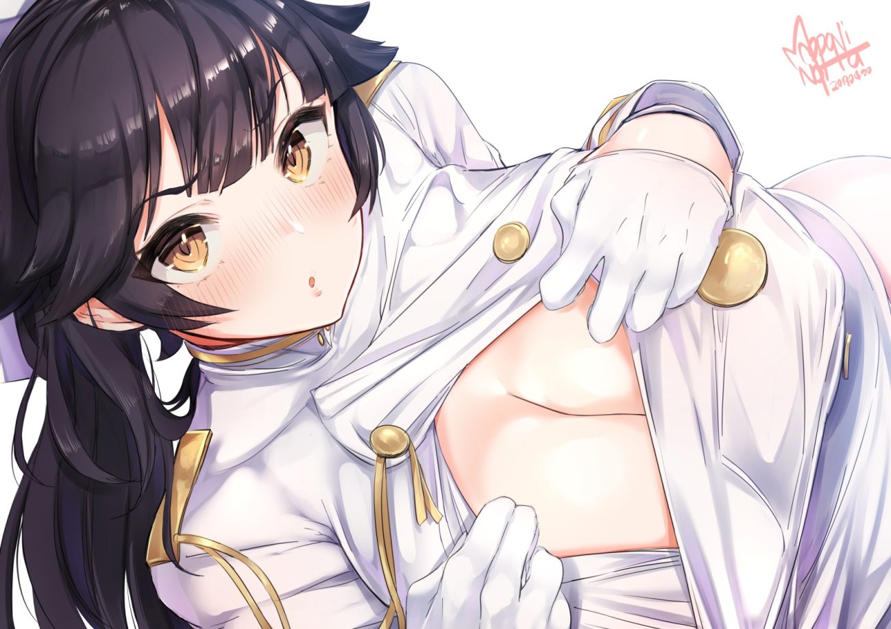 anthropomorphism azur lane black hair blush breasts brown eyes cleavage close gloves long hair mappaninatta military no bra ponytail signed takao (azur lane) uniform