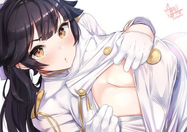 anthropomorphism azur lane black hair blush breasts brown eyes cleavage close gloves long hair mappaninatta military no bra ponytail signed takao (azur lane) uniform