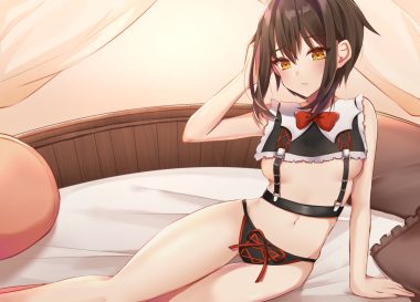 bed blush breasts brown hair itoi toi navel no bra orange eyes original panties short hair underboob underwear