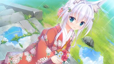 animal ears aqua eyes flowers foxgirl game cg grass japanese clothes kimono rain shiro (tenkiame) short hair stairs tenkiame water white hair yuzu modoki