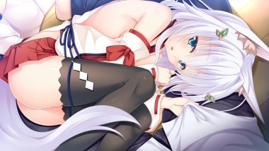 animal ears aqua eyes foxgirl game cg japanese clothes male shiro (tenkiame) short hair skirt lift tail tenkiame thighhighs white hair yuzu modoki