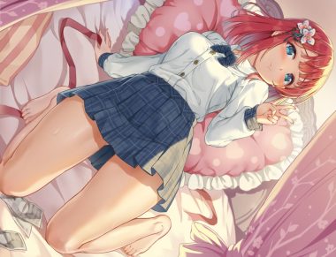 aqua eyes barefoot bed blush bow miazi original red hair school uniform shirt short hair skirt
