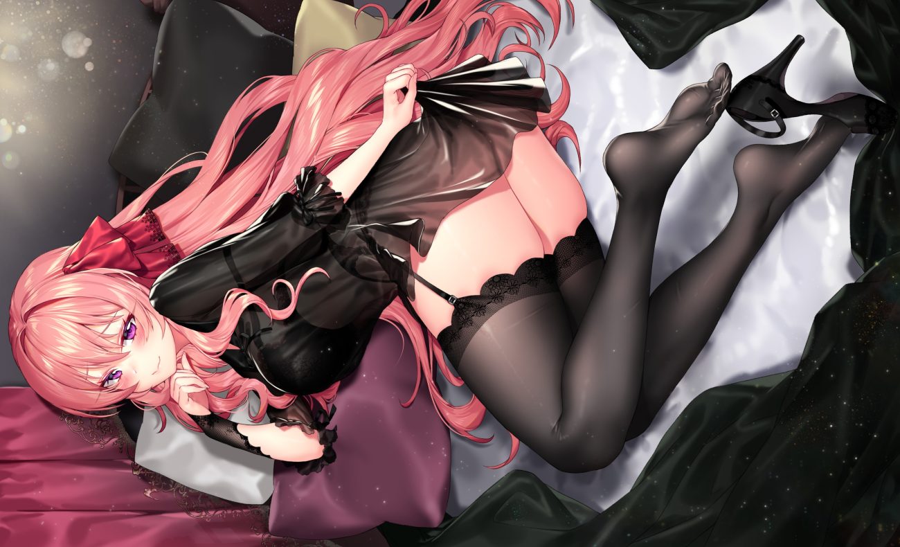 ass bed blush dress garter belt ia (ias1010) long hair original pink hair purple eyes stockings thighhighs zettai ryouiki