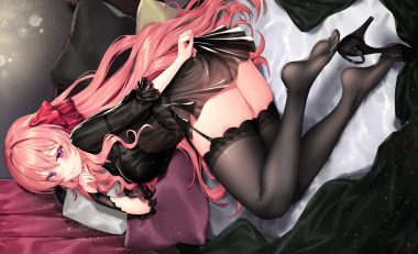 ass bed blush dress garter belt ia (ias1010) long hair original pink hair purple eyes stockings thighhighs zettai ryouiki