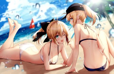 2girls artoria pendragon (all) ass beach bikini blonde hair blush boat breasts cleavage clouds fate/grand order fate (series) green eyes hat long hair mysterious heroine x necomi ponytail popsicle saber saber lily signed sky swimsuit water wink