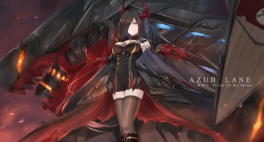 anthropomorphism azur lane black hair breasts cleavage dress eternity (pixiv8012826) friedrich der grosse (azur lane) horns long hair thighhighs yellow eyes zettai ryouiki