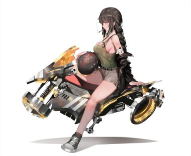 anthropomorphism black hair braids breasts cigarette cleavage garter belt girls frontline ihobus long hair m16a1 (girls frontline) motorcycle ponytail shorts smoking white