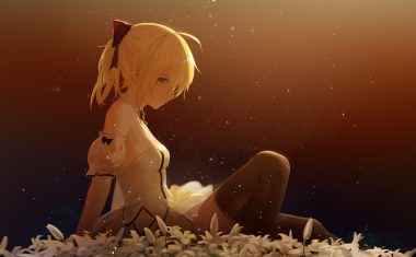 artoria pendragon (all) blonde hair bow dark dress fate/grand order fate (series) flowers gradient green eyes leiq long hair ponytail saber saber lily thighhighs