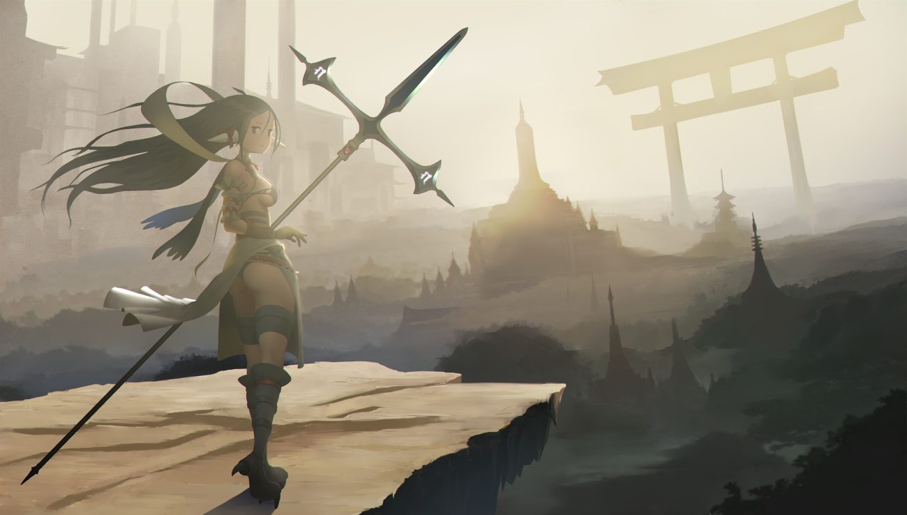 ass black hair boots breasts hasukawa isaburou horns long hair original scenic torii weapon