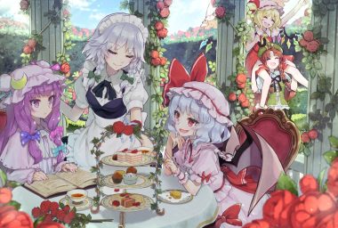 apron blonde hair book braids cake dress drink fang flandre scarlet flowers food gray hair group hat headdress hong meiling izayoi sakuya long hair maid patchouli knowledge purple eyes purple hair red eyes red hair remilia scarlet rose short hair syuri22 touhou twintails vampire wings wristwear