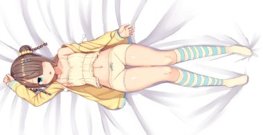 bed blush braids brown hair green eyes hood iriam kneehighs navel pajamas rinyou (iriam) shidaidaka short hair shorts