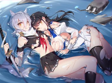 2girls animal ears anthropomorphism ass azur lane black hair breasts catsizuru choukai (azur lane) gray hair katana kneehighs long hair maya (azur lane) no bra nopan orange eyes scarf school uniform short hair skirt sword thighhighs torn clothes underboob water weapon