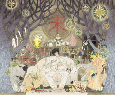 all male animal bandaid barefoot black hair couch eyepatch fan food fruit honya lala male original shirt short hair shrine snake tree