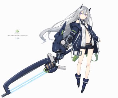 boots flat chest gray hair hood horns long hair navel original poco (asahi age) purple eyes shorts techgirl weapon white