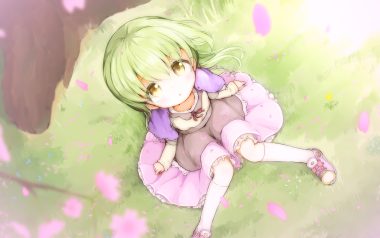 cape cherry blossoms flowers grass green hair kankokoa kneehighs loli long hair original petals skirt yellow eyes