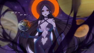 anthropomorphism black hair black hole-chan bodysuit breasts earth halo keiryuu seo long hair navel orange eyes original planet space stars watermark