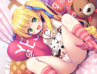 asa no ha blonde hair blush cameltoe fang green eyes kneehighs loli original panties teddy bear underwear