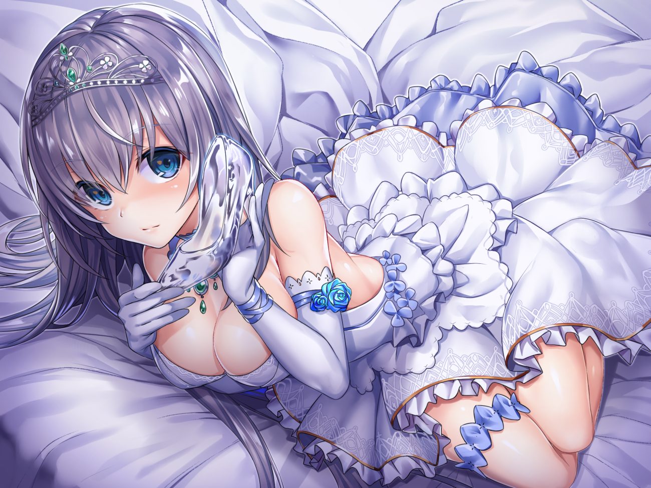 blue eyes breasts cleavage crown dress elbow gloves gloves gray hair long hair necklace original shuutou haruka tiara