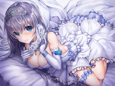 blue eyes breasts cleavage crown dress elbow gloves gloves gray hair long hair necklace original shuutou haruka tiara
