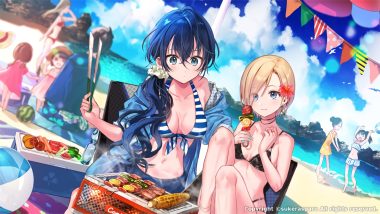 akinashi koto ball beach bikini blonde hair blue eyes blue hair breasts clouds drink flowers food fruit group hanekoto kudan no folklore kudan sakuya loli long hair navel ponytail short hair sky swimsuit waifu2x water watermark watermelon