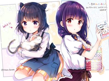 2girls animal apron black hair blush book cat hisama kumako long hair original purple eyes purple hair red eyes school uniform shirt short hair signed skirt socks