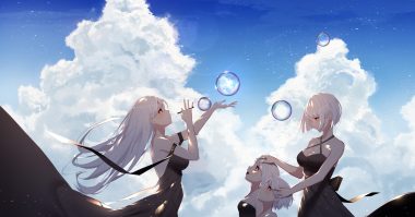 blush breasts bubbles cleavage clouds dress group kisui (user wswf3235) long hair original red eyes short hair sky white hair