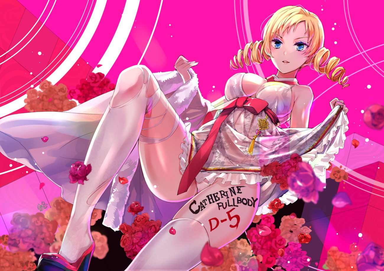 blonde hair blue eyes bow breasts catherine catherine (character) dress flowers jin young-in panties petals rose skirt lift thighhighs torn clothes twintails underwear