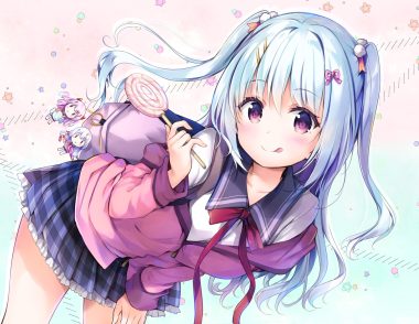 aqua hair blush candy hisama kumako lollipop long hair original purple eyes school uniform skirt twintails