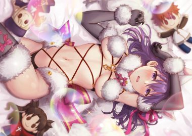 blush bow breasts bubbles cosplay doll elbow gloves emiya shirou fate/grand order fate (series) gloves illyasviel von einzbern kurono kito long hair matou sakura navel purple eyes purple hair ribbons thighhighs tohsaka rin