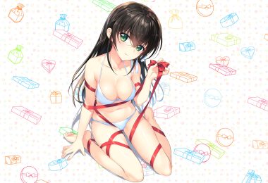 barefoot bikini black hair green eyes long hair mochiko (mochiko3121) original ribbons swimsuit
