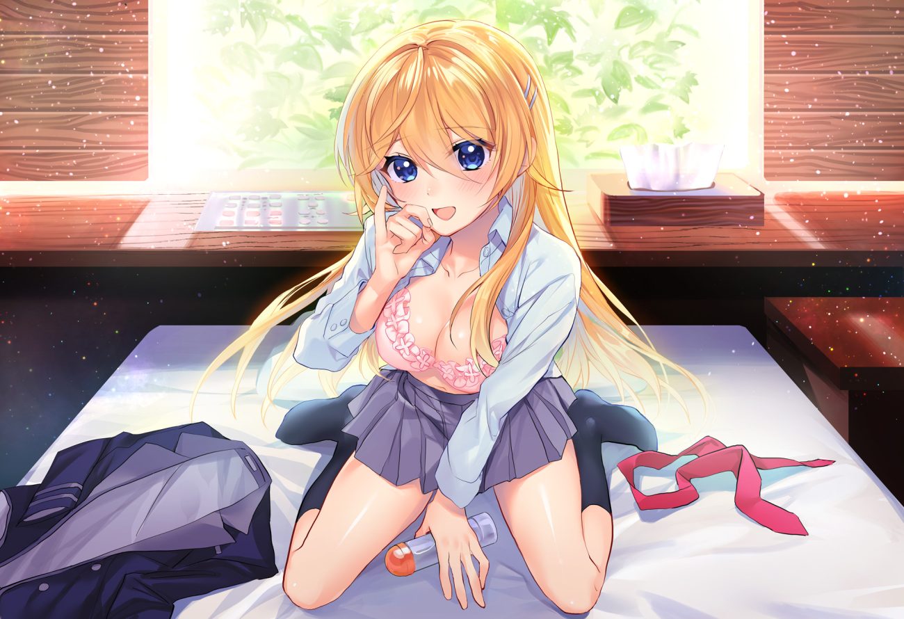 blonde hair blue eyes blush bra kneehighs long hair mochiko (mochiko3121) open shirt original school uniform underwear