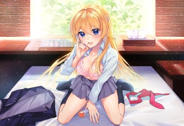 blonde hair blue eyes blush bra kneehighs long hair mochiko (mochiko3121) open shirt original school uniform underwear