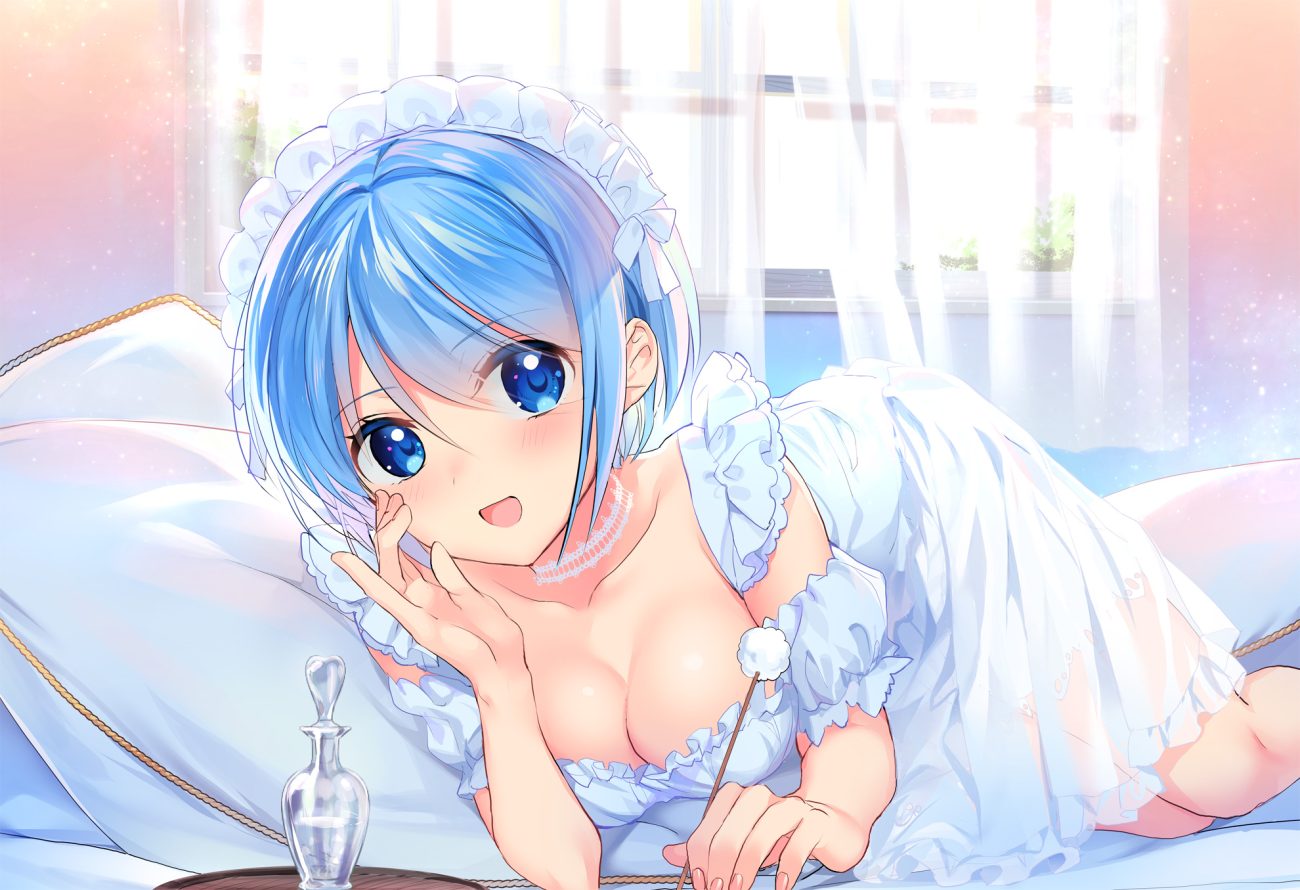 bed blue eyes blue hair blush breasts choker cleavage dress jpeg artifacts mochiko (mochiko3121) original short hair
