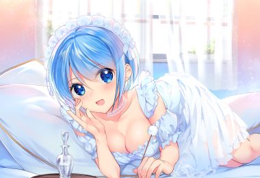 bed blue eyes blue hair blush breasts choker cleavage dress jpeg artifacts mochiko (mochiko3121) original short hair