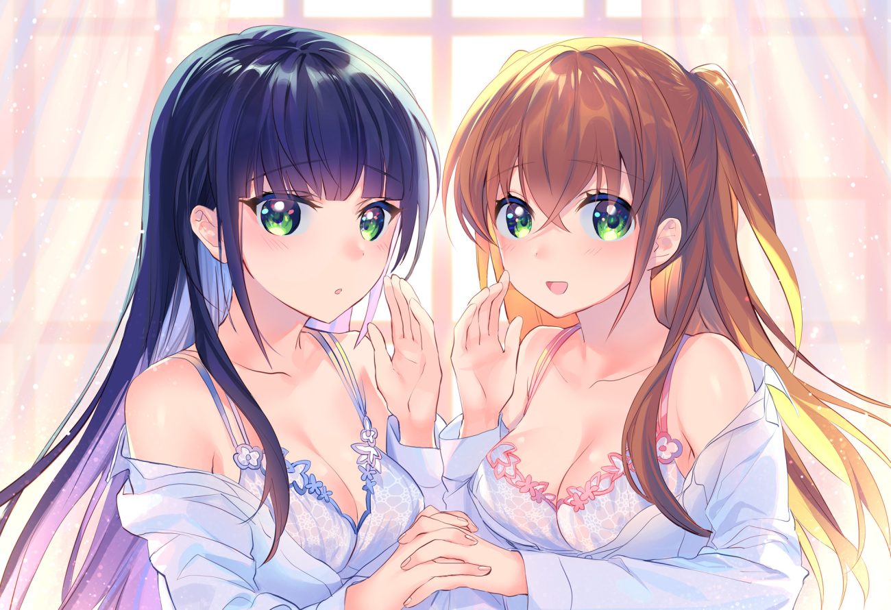 2girls blue hair blush breasts brown hair cleavage green eyes long hair mochiko (mochiko3121) original
