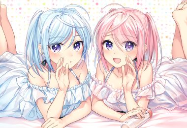 2girls barefoot blue hair blush mochiko (mochiko3121) original pink hair purple eyes short hair