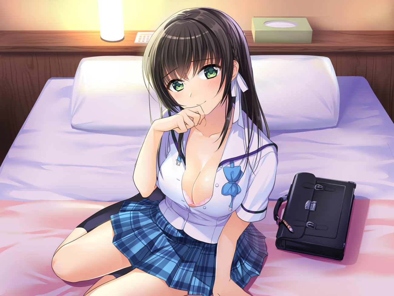 bed breasts brown hair cleavage green eyes kneehighs long hair mochiko (mochiko3121) original school uniform