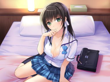 bed breasts brown hair cleavage green eyes kneehighs long hair mochiko (mochiko3121) original school uniform
