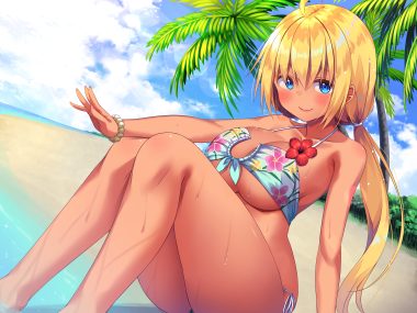 aqua eyes asa no ha beach bikini blonde hair blush breasts clouds dark skin flowers long hair original ponytail swimsuit tree underboob water wet wristwear